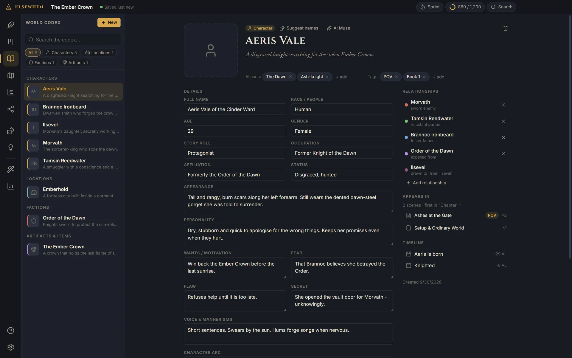 A character entry in the World Codex with details, personality, motivation, relationships, scene appearances and timeline events.