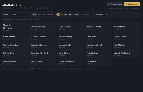Name Forge showing two dozen generated Old Anglic character names.