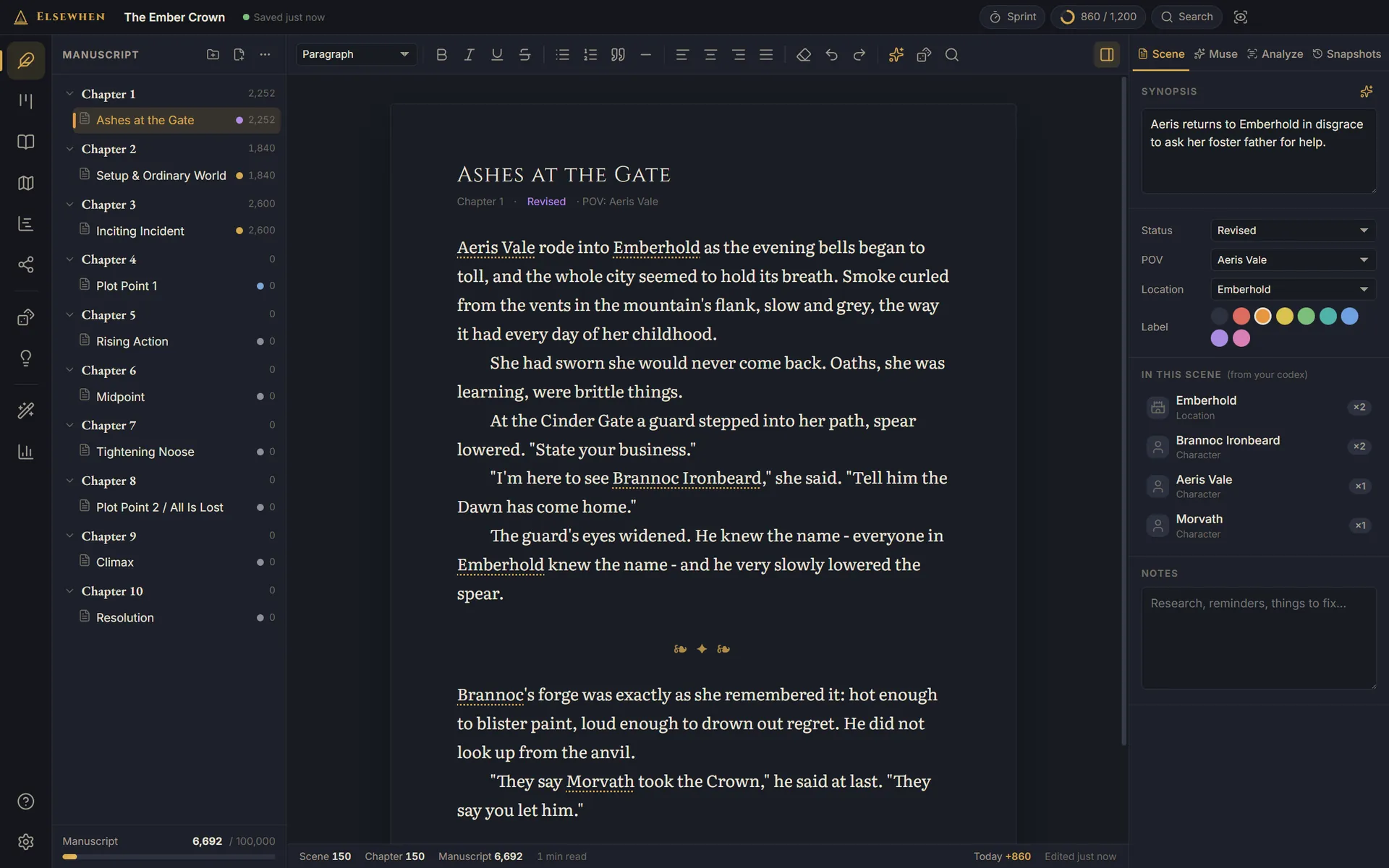 The Elsewhen writing view: chapters and scenes on the left, a manuscript page where character and place names link to the codex, and a scene inspector on the right.